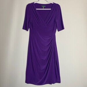 Lauren Ralph Lauren Dress Vivid Purple 1/2 Sleeve Ruched Women's Size 12